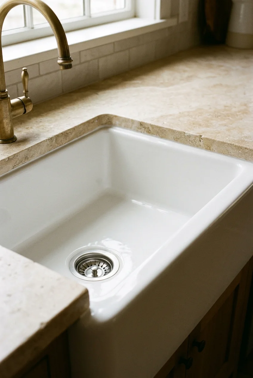 White fireclay sink beneath a warm stone counter