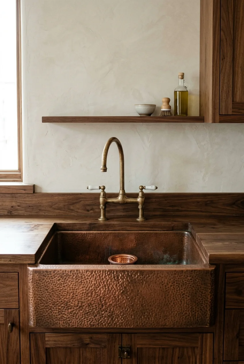 Hammered copper apron-front sink in a walnut kitchen