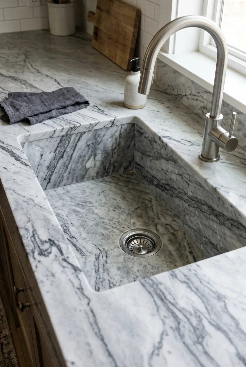 Integrated veined stone sink and matching countertop