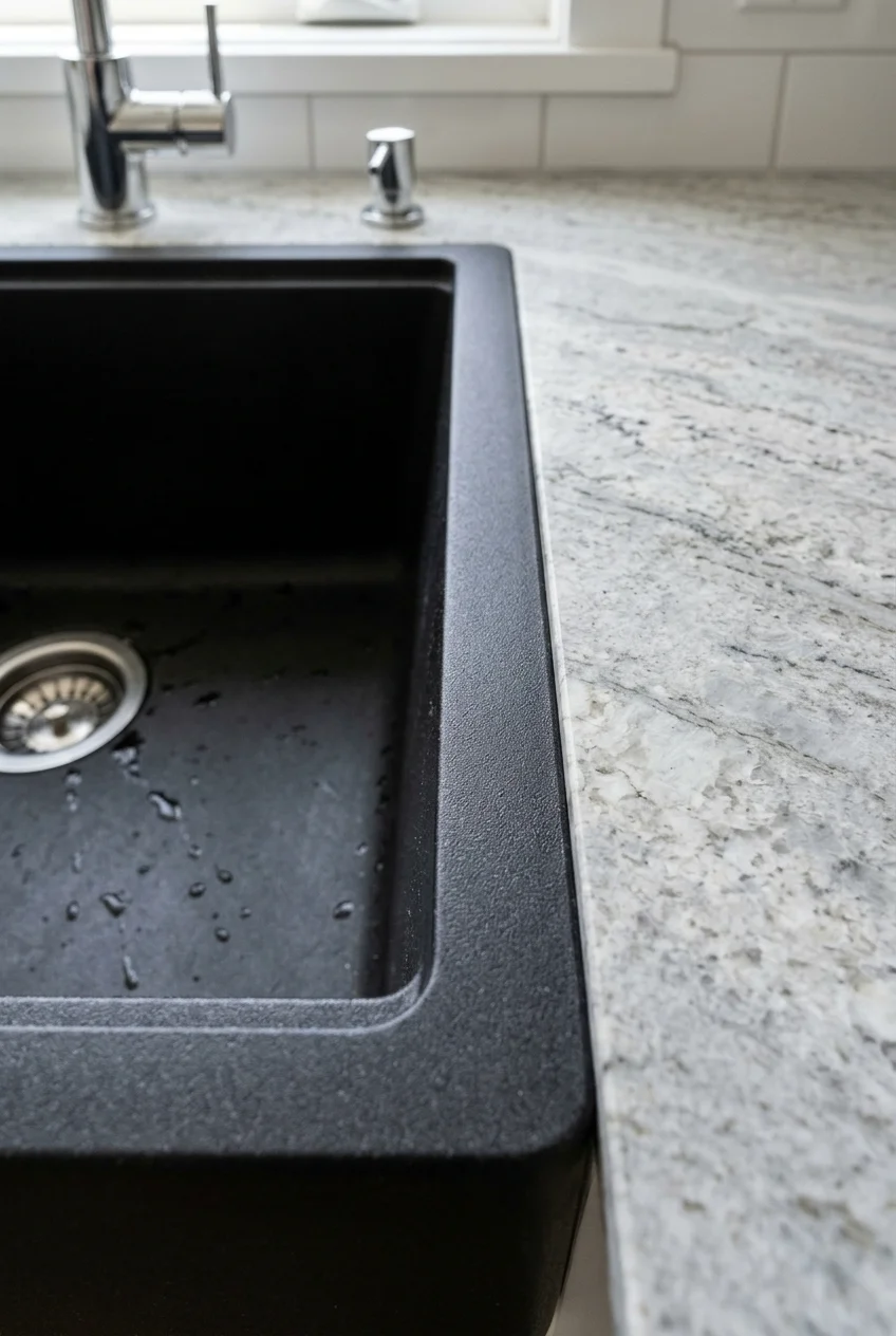 Flush-mounted dark sink aligned with a light counter