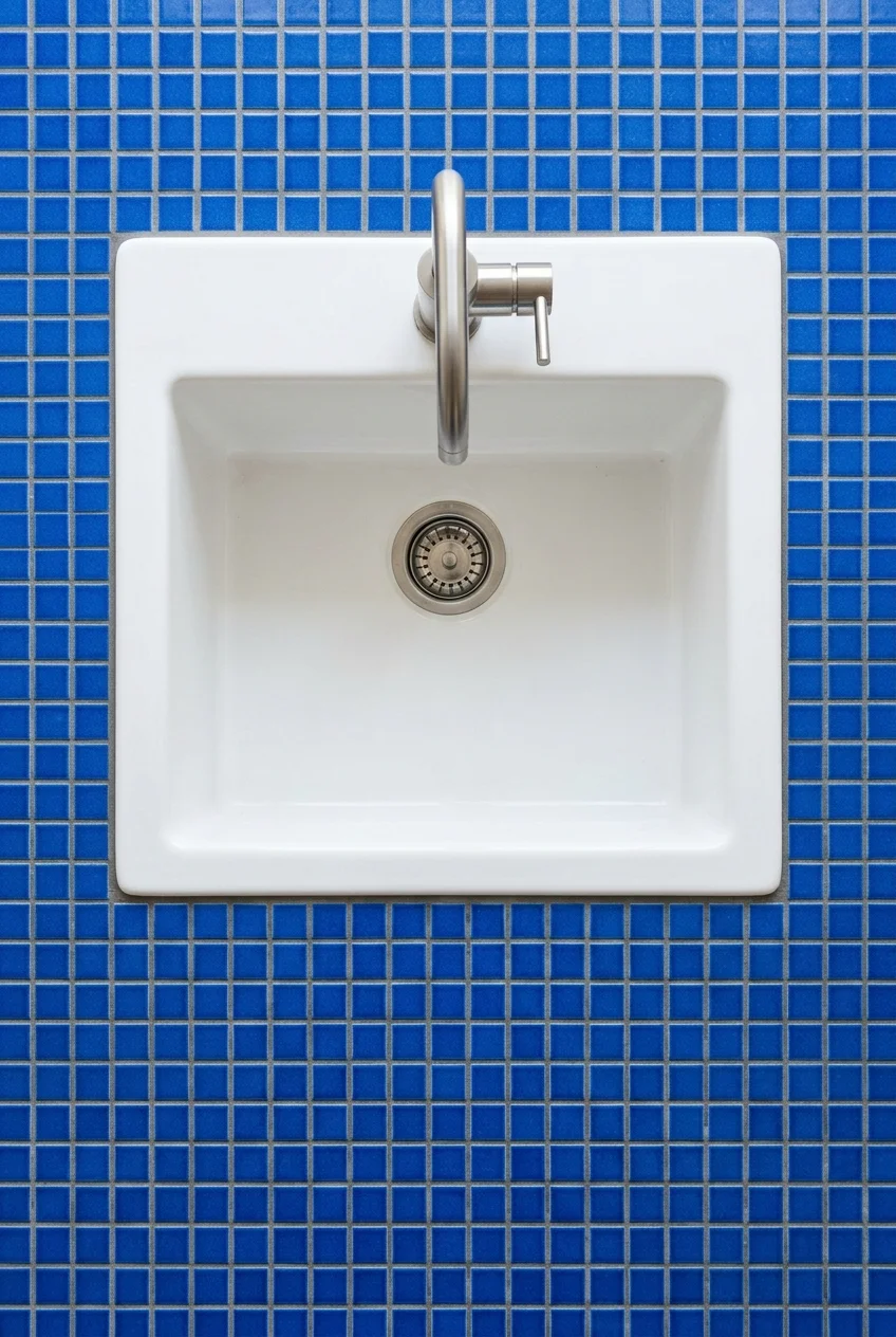 Tile-in white sink surrounded by blue square countertop tiles