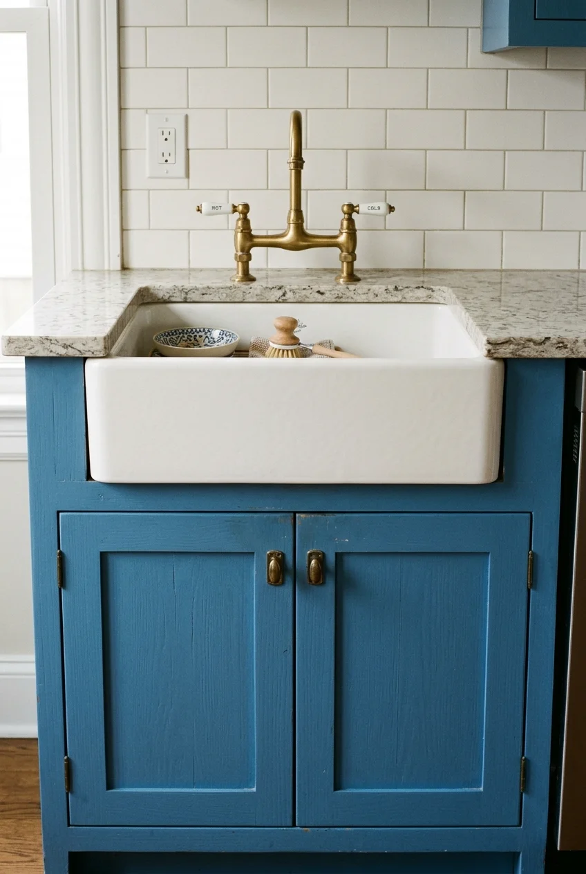 Short-apron white sink fitted above existing cabinet doors