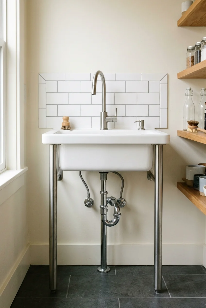 Wall-mounted kitchen sink with legs and finished exposed plumbing