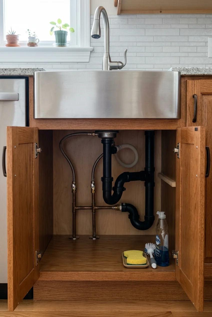 Rear-drain sink with usable space at the front of the cabinet