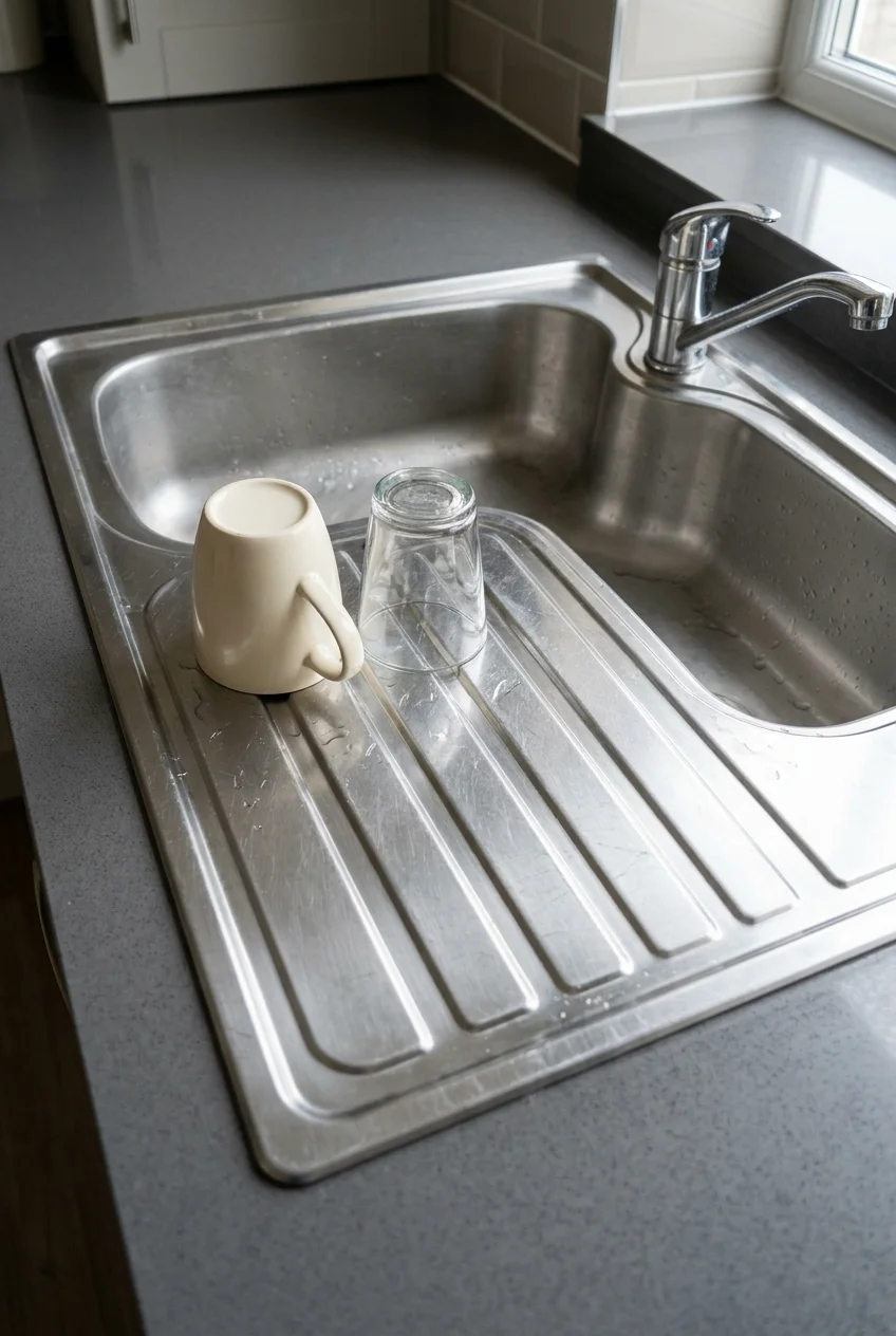 Stainless sink with an integrated drainboard and drying cups