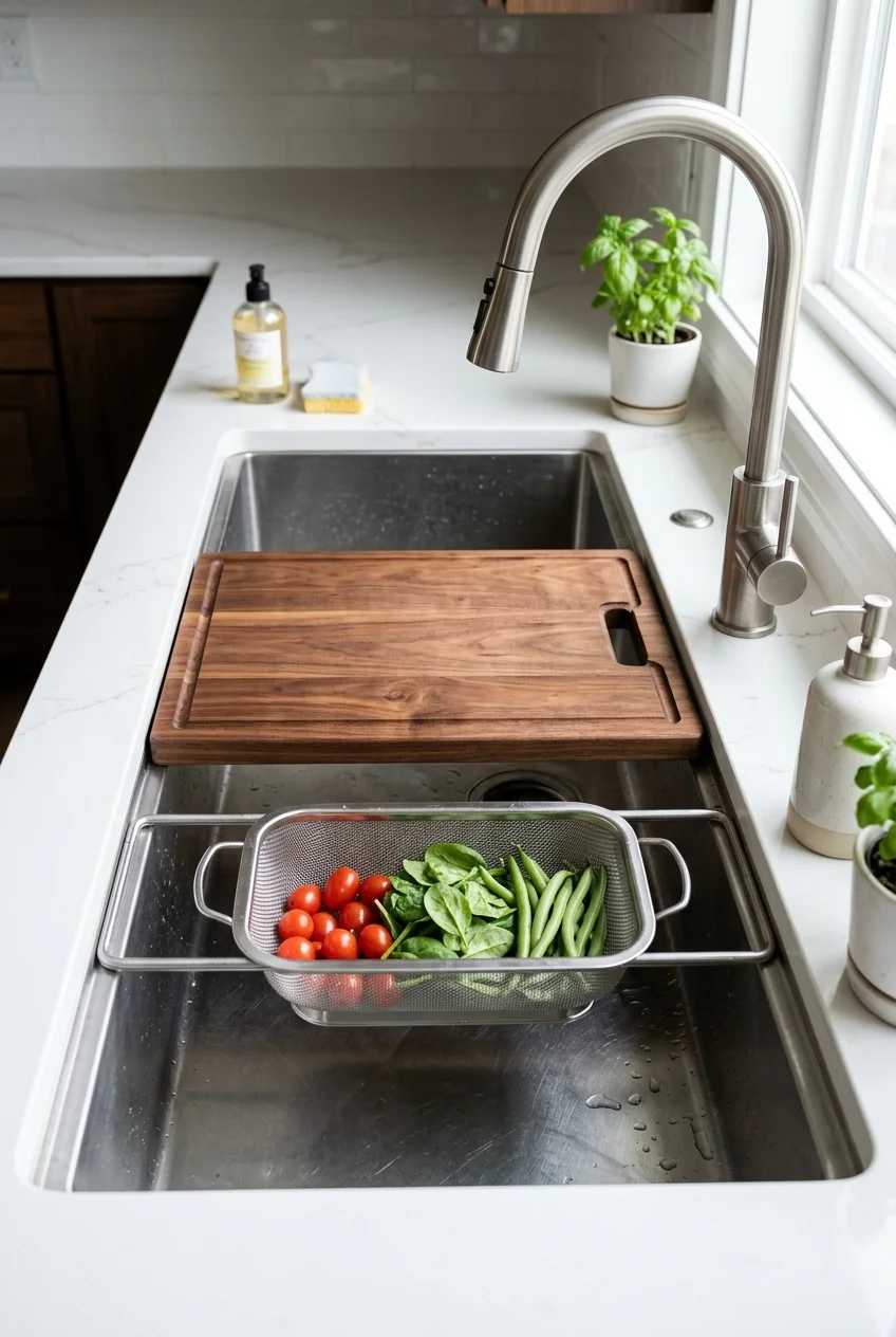 Workstation sink with a fitted board and colander on separate ledges