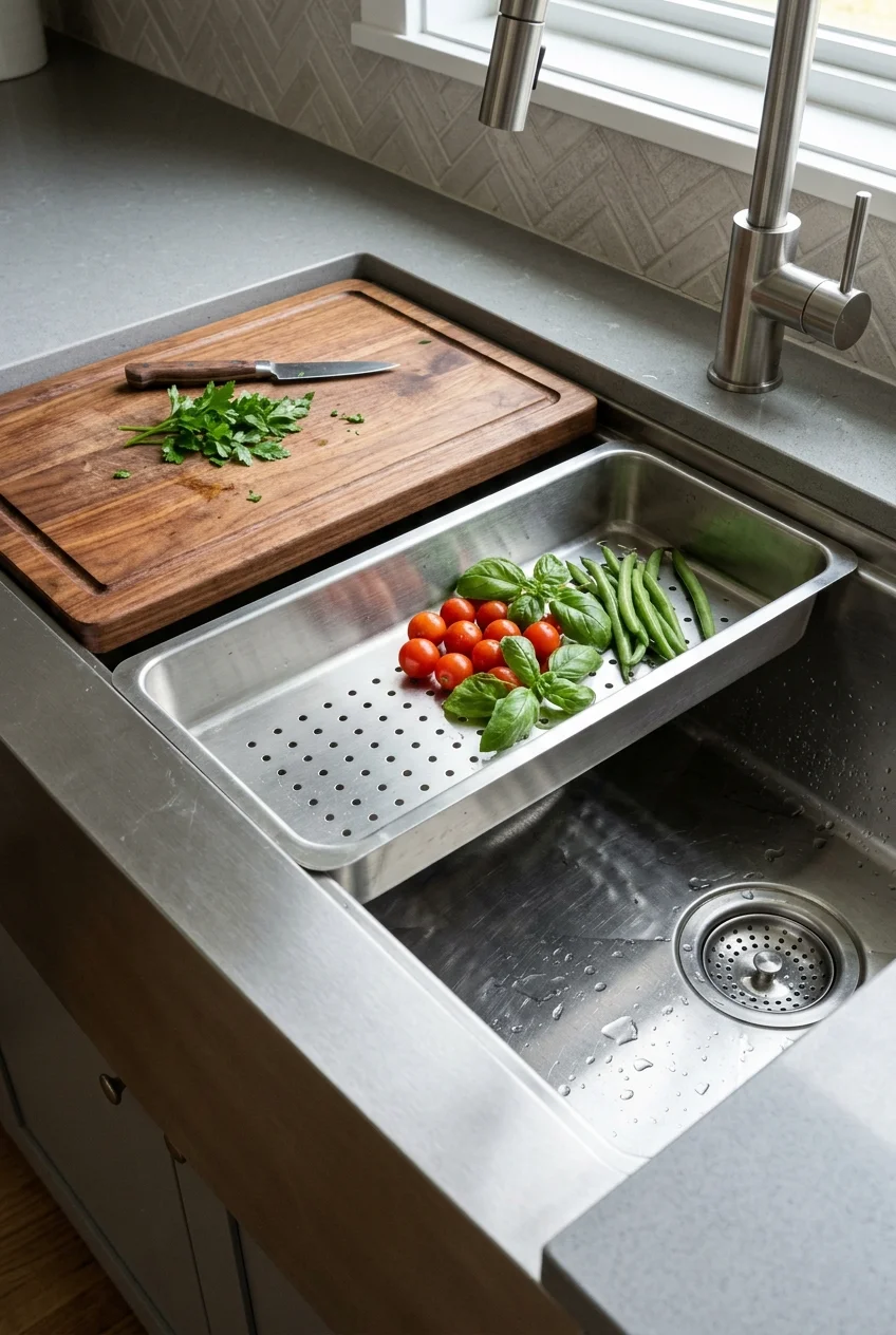 Dual-level workstation sink with an upper board and lower tray