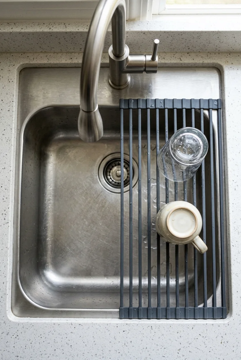 Roll-up drying rack covering half of a single-bowl sink