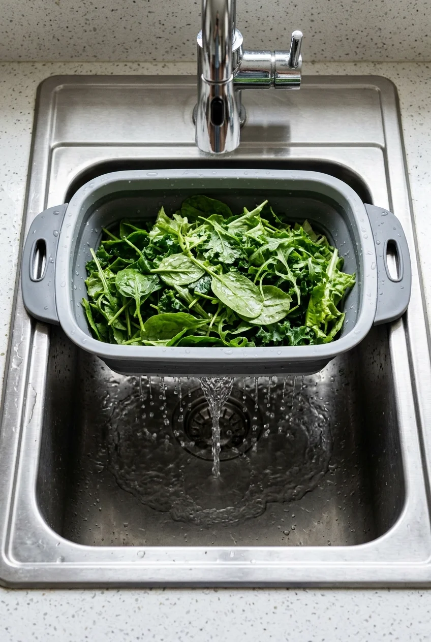 Expandable colander resting across a kitchen sink