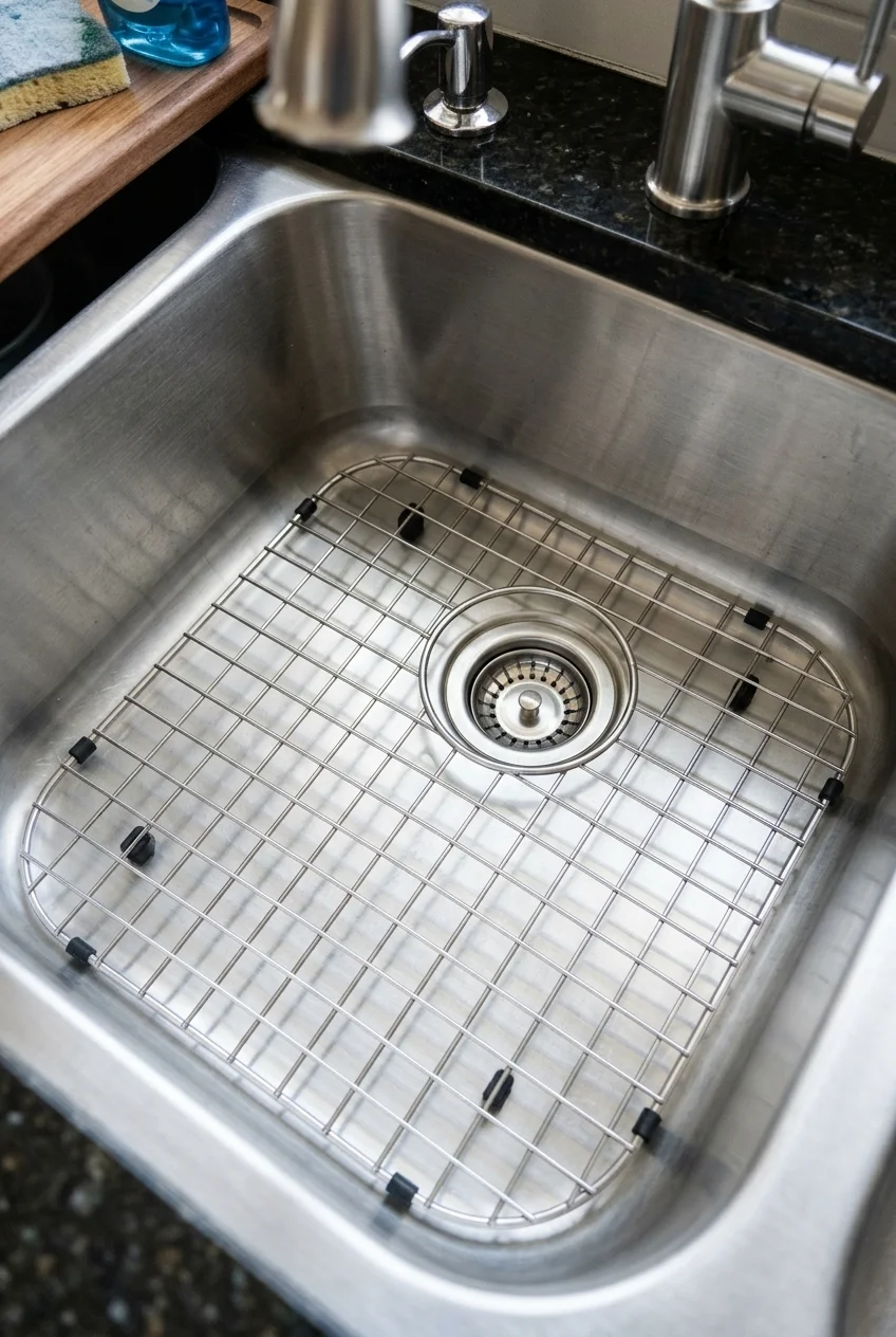 Fitted bottom grid aligned with a kitchen sink drain