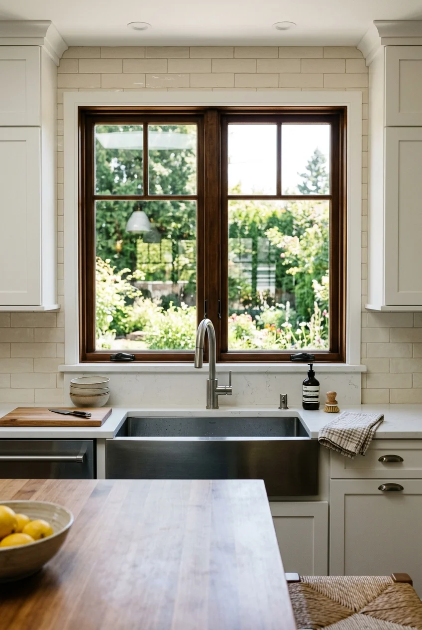 Kitchen sink centered beneath a wide window