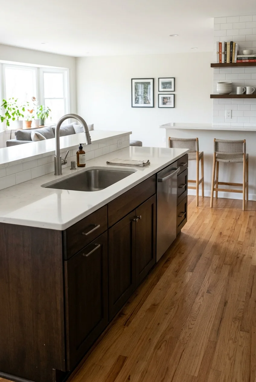 Kitchen island sink facing an open room with seating set back