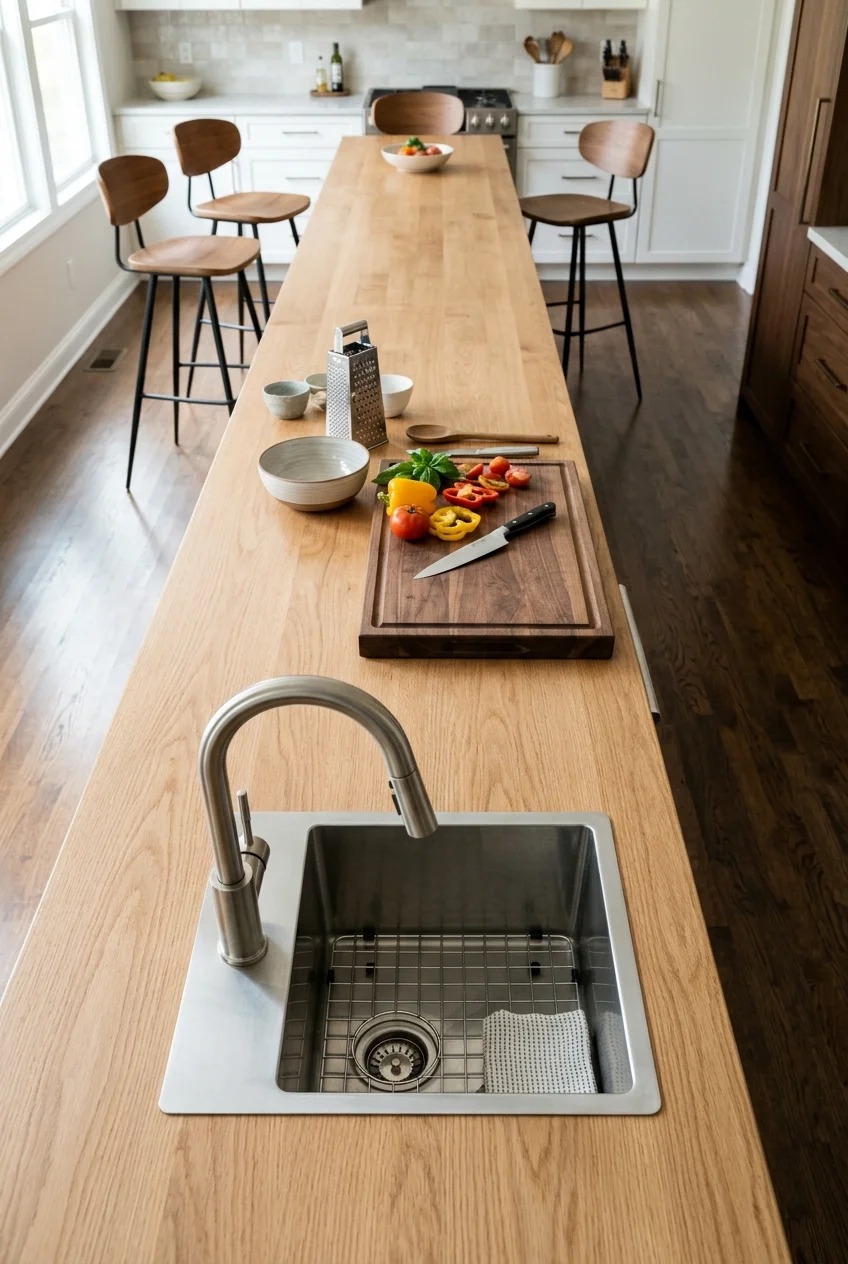Small prep sink positioned at the end of a long island
