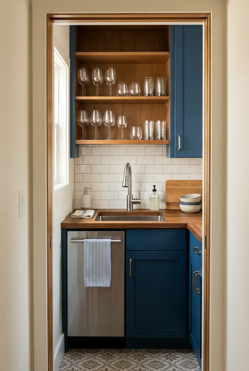 Butler’s pantry sink with landing space and glassware storage