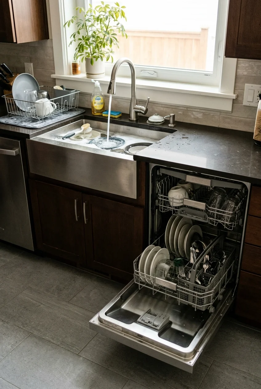 Sink beside an open dishwasher with clear standing space