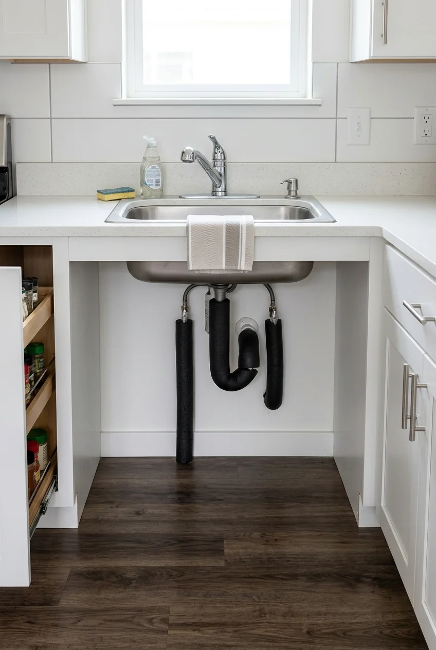 Accessible shallow sink with knee space and protected plumbing