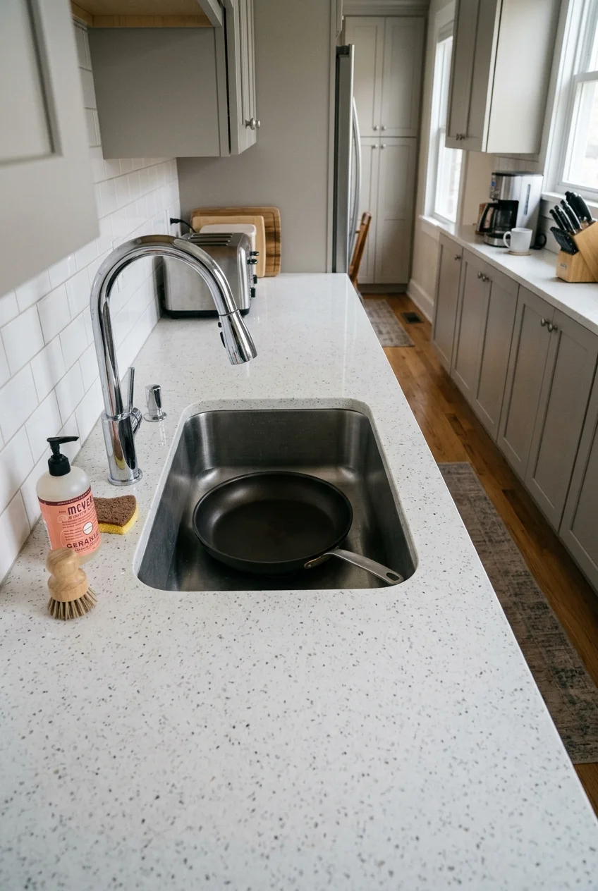 Compact single-bowl sink in a narrow galley kitchen