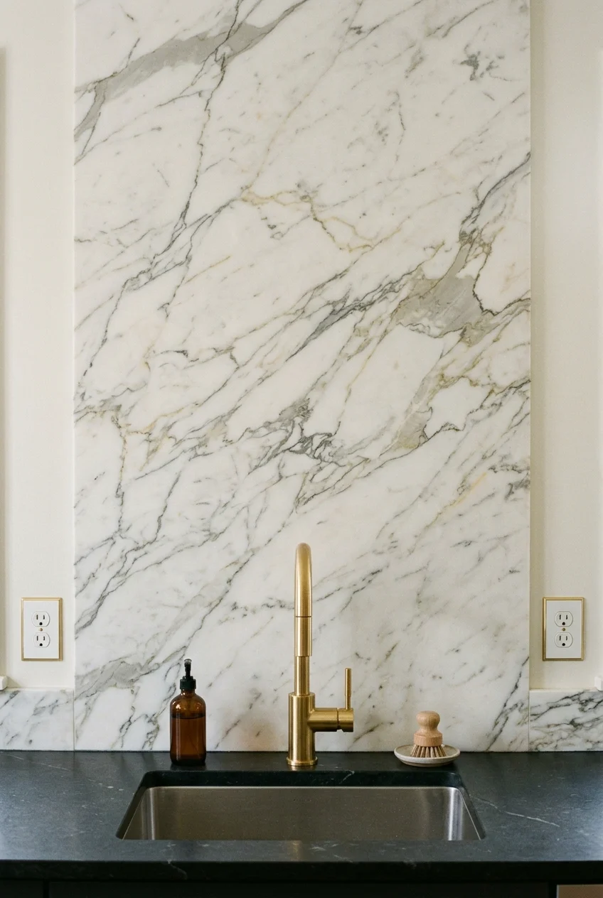 Kitchen sink against a full-height veined slab backsplash
