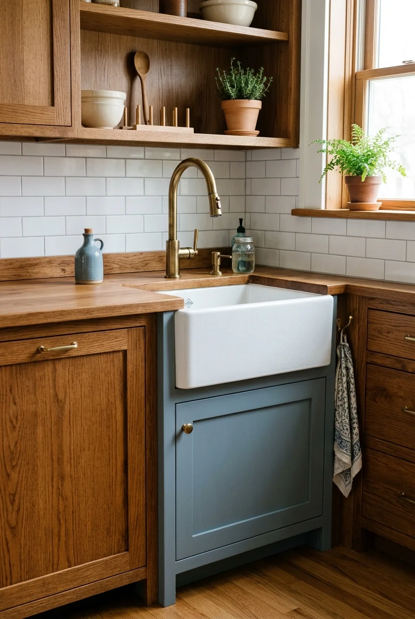 White apron sink above a contrasting blue base cabinet