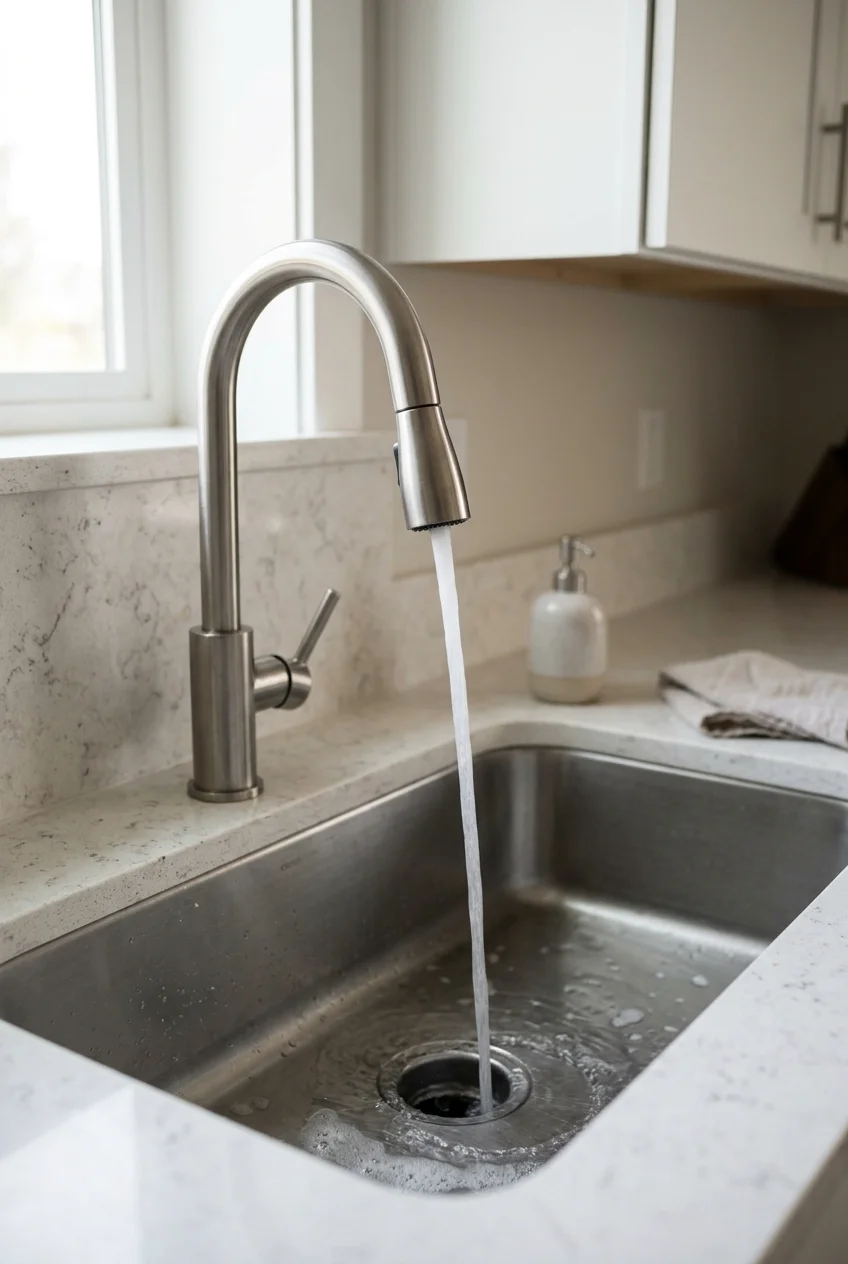 Proportional pull-down faucet centered over a single-bowl sink