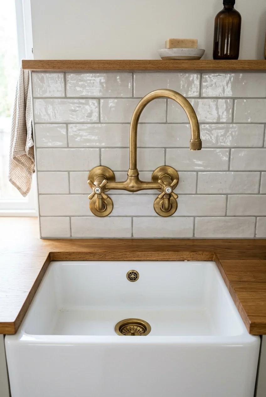 Wall-mounted brass faucet above a white apron sink