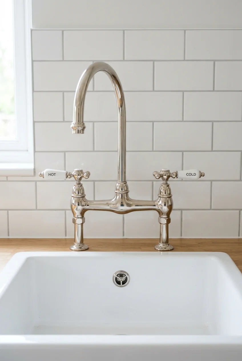 Polished-nickel bridge faucet above an apron-front sink