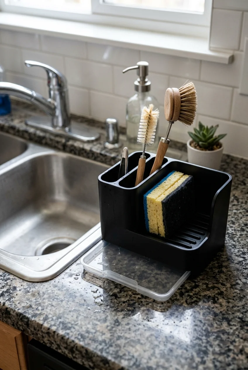 Compact sink caddy holding brushes and a sponge beside the basin