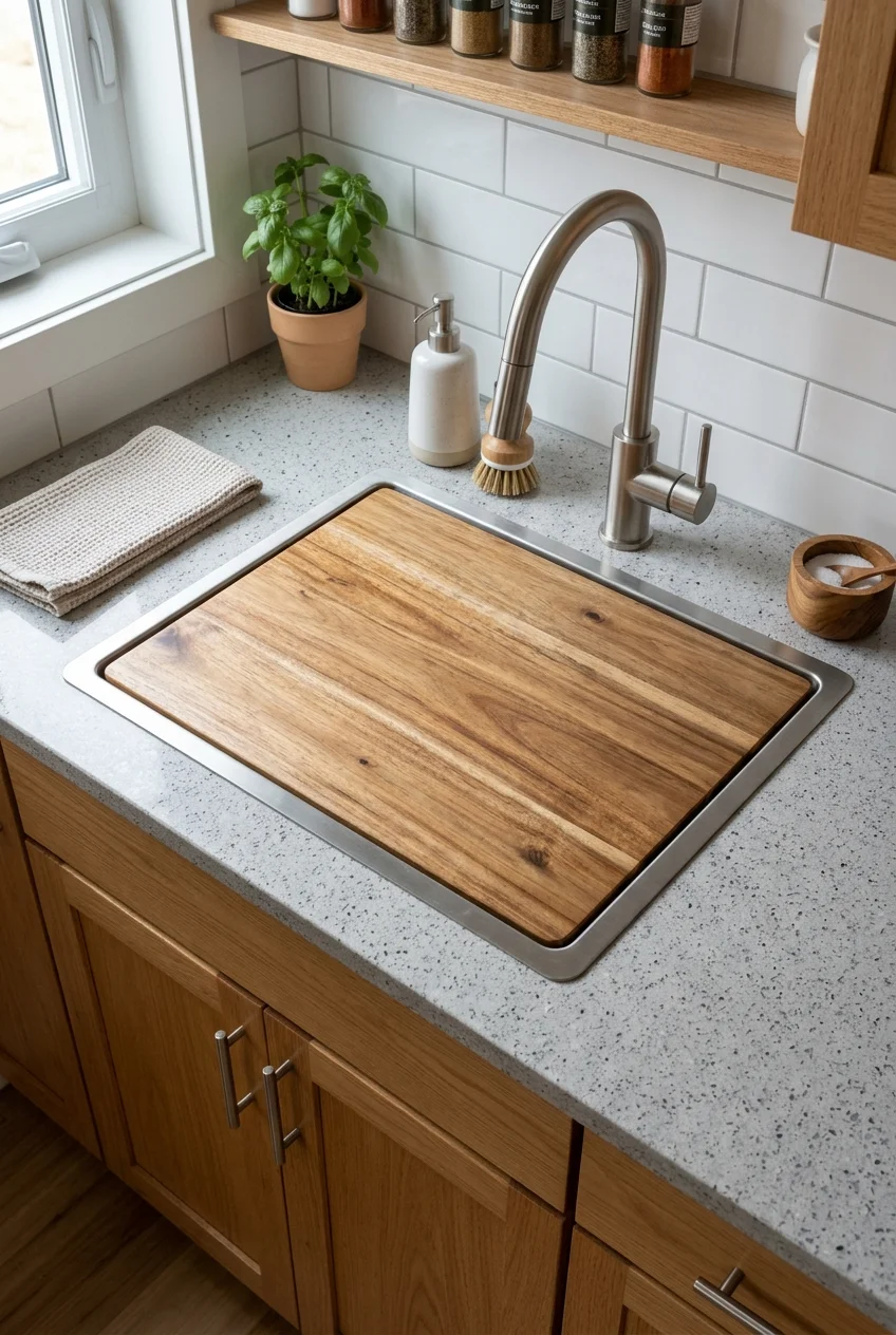 Fitted wood sink cover creating temporary prep space