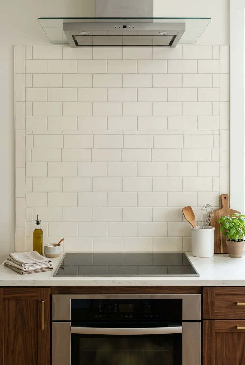 Warm white subway tile in a running bond above a kitchen counter.