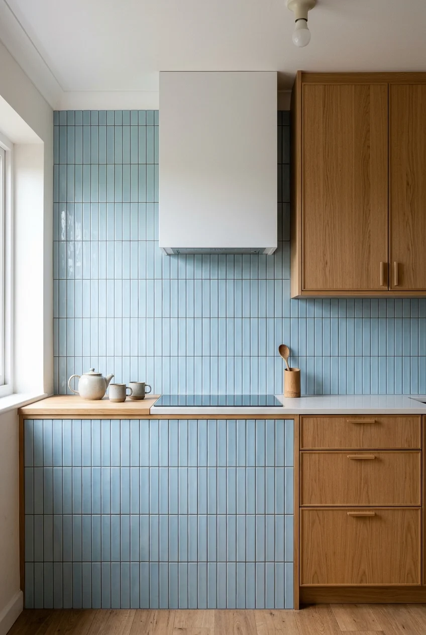 Slim pale blue kitchen tiles stacked in vertical rows.