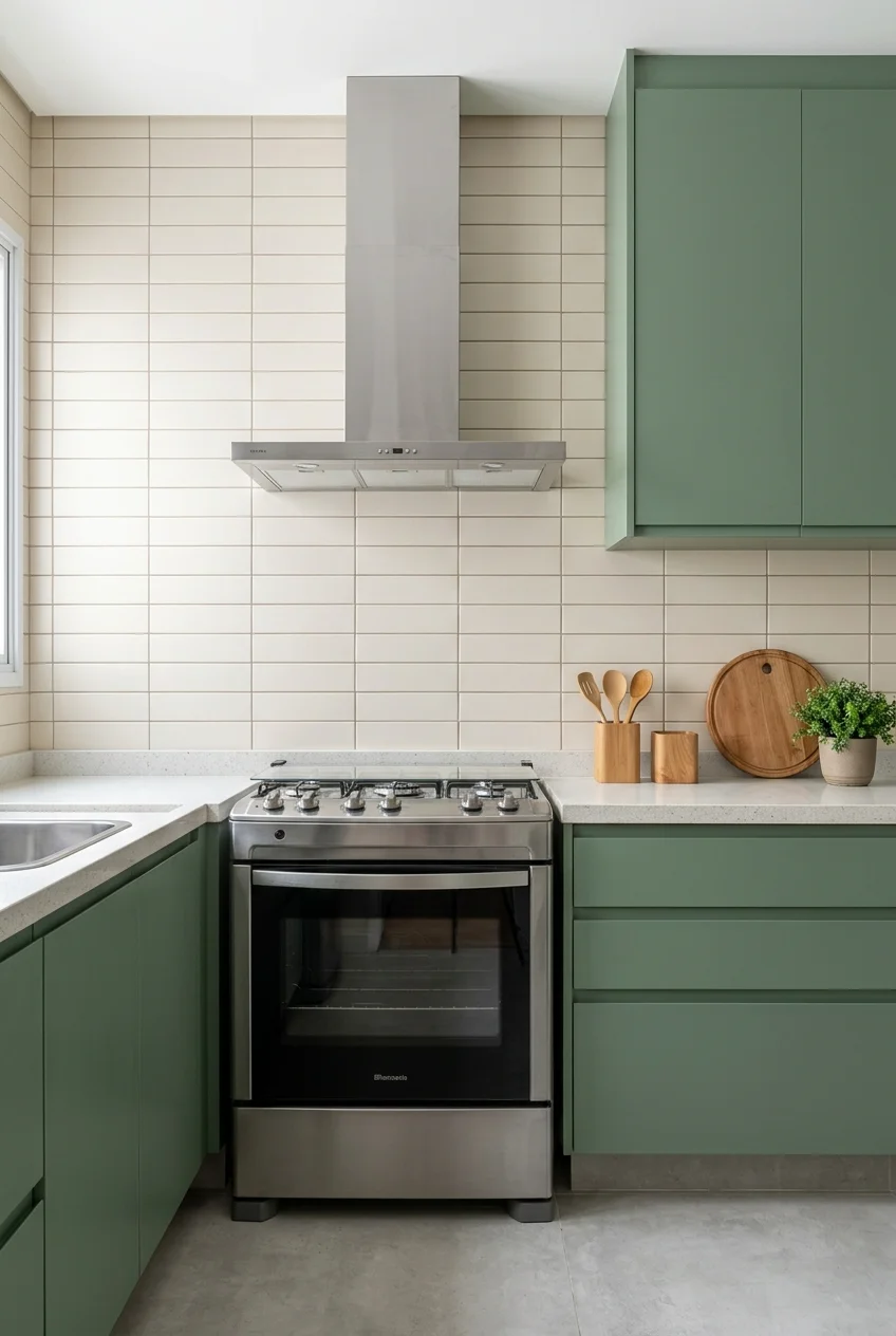 Ivory rectangular kitchen tiles in a horizontal stacked grid.