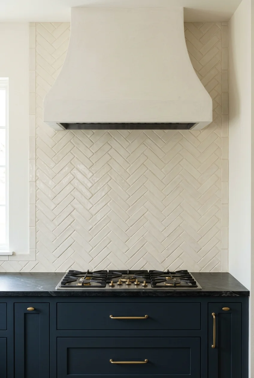 Cream herringbone tile centered behind a kitchen range.