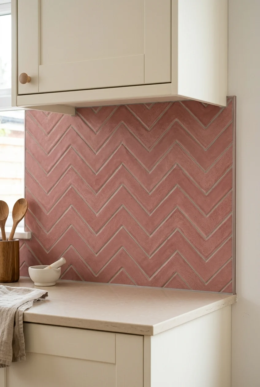 Dusty rose chevron tiles forming a continuous kitchen backsplash zigzag.