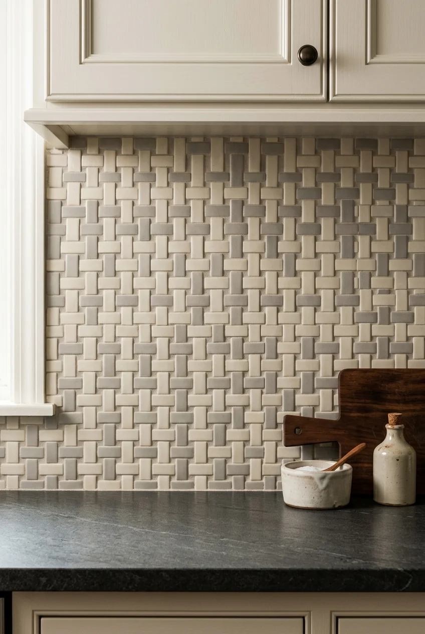 Cream and gray basketweave mosaic on a kitchen wall.