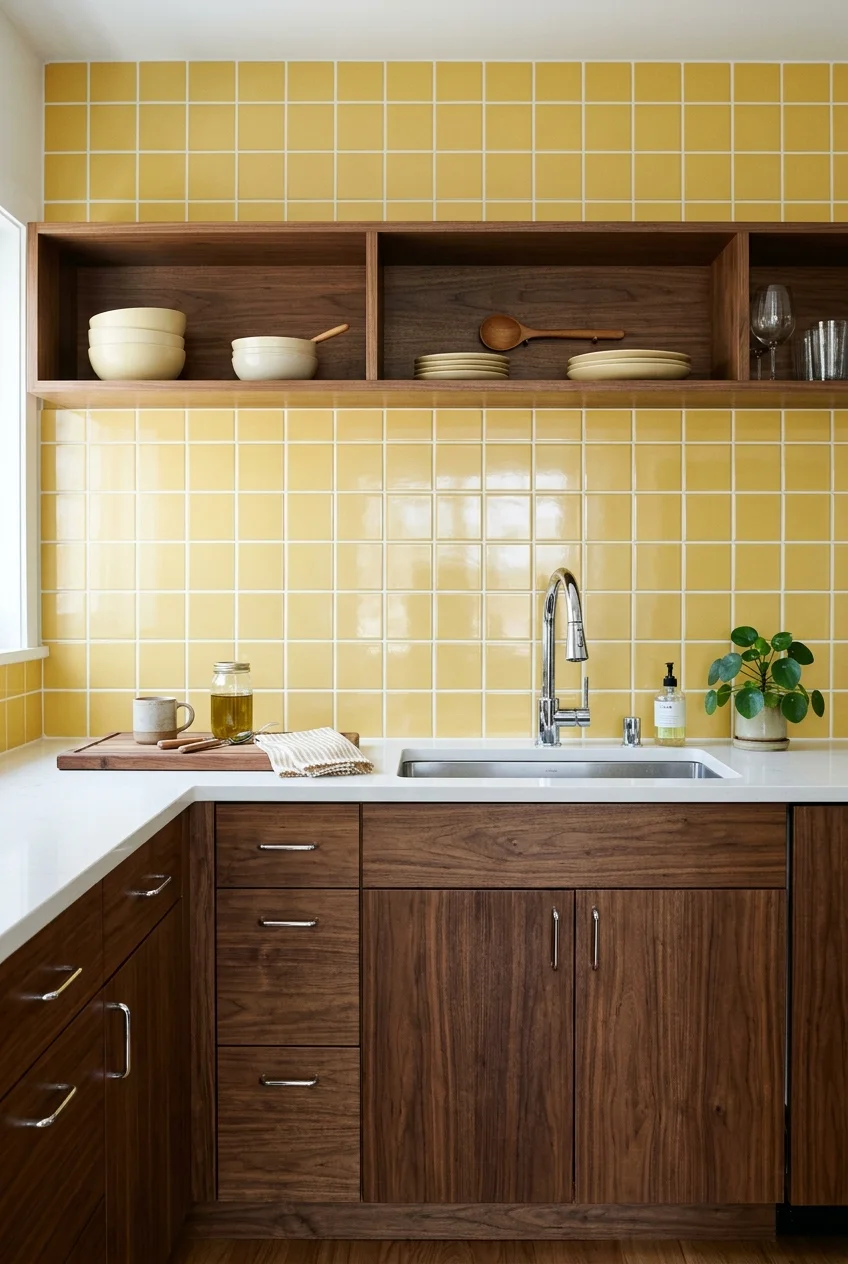 Butter-yellow square wall tiles in a kitchen grid.