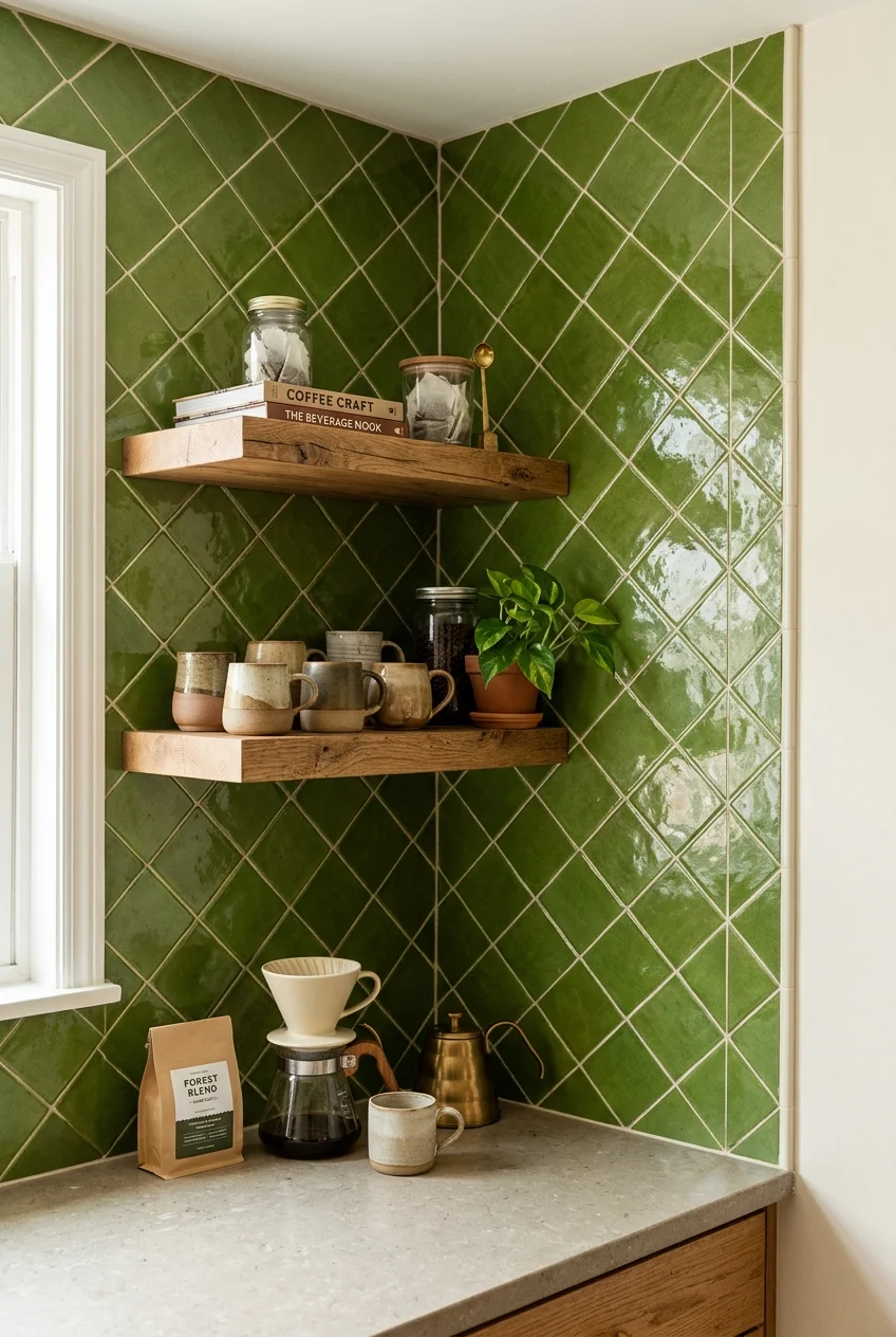 Moss green square tiles installed diagonally in a beverage nook.
