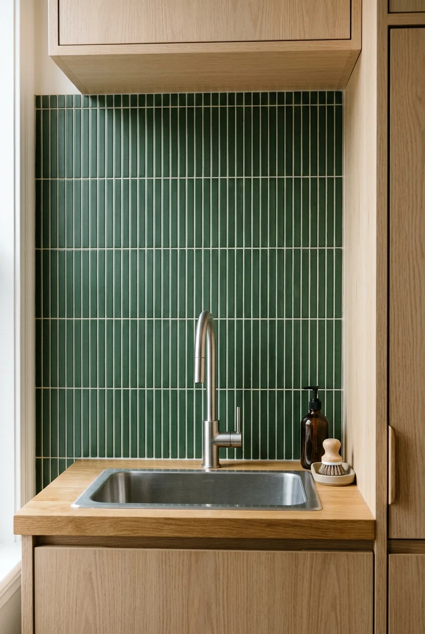 Forest-green vertical finger tiles behind a kitchen sink.