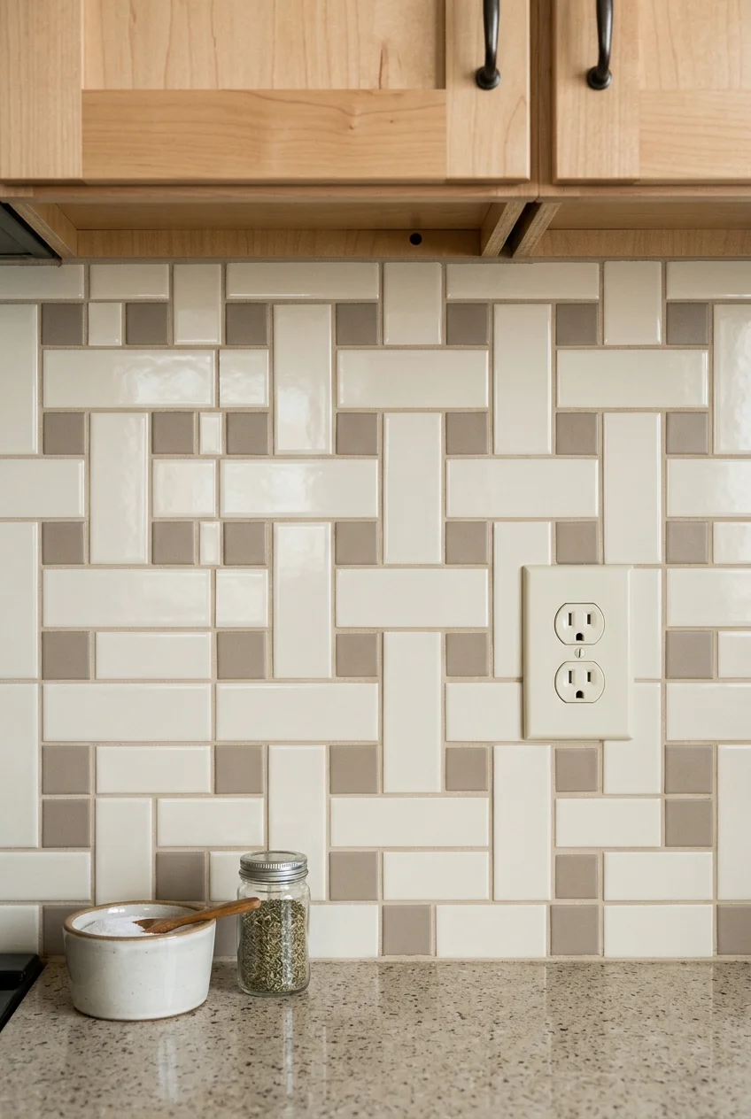 Ivory rectangles and taupe squares in a modular kitchen tile pattern.