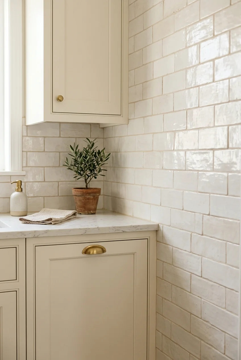 Warm white tile paired with creamy white kitchen cabinets.