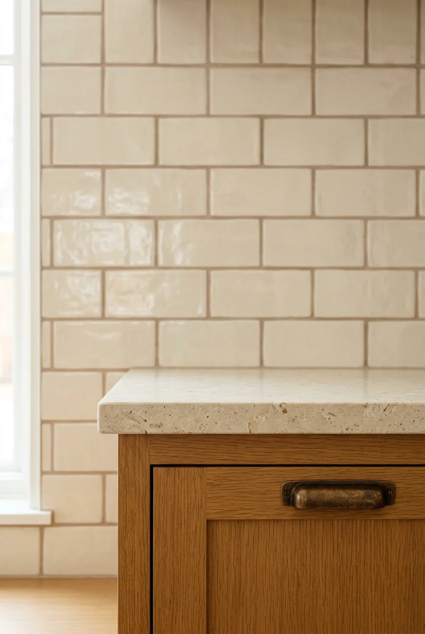 Cream kitchen tile outlined with soft taupe grout.