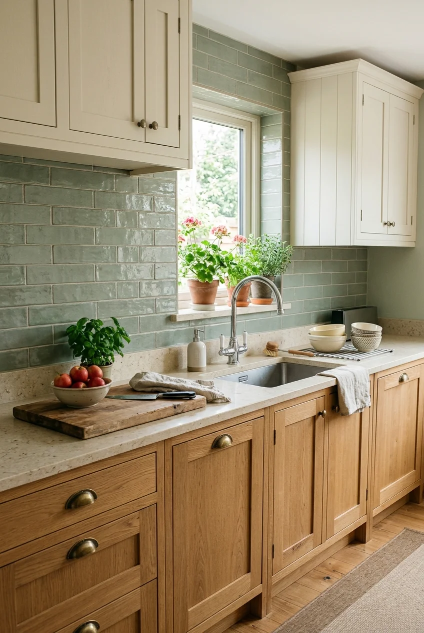 Muted sage green tiles above oak kitchen cabinets.
