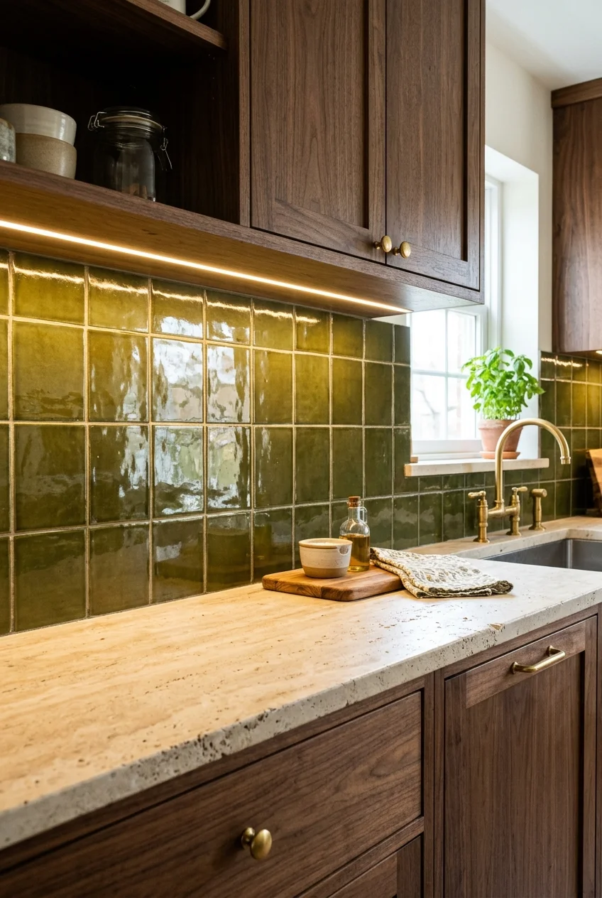 Glossy olive green square tiles in a compact kitchen.