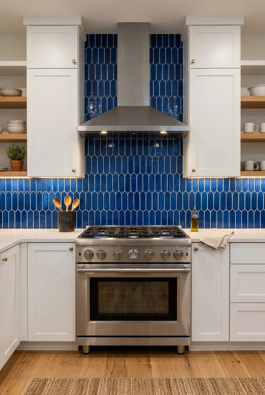 Cobalt blue tile defining a kitchen range wall.