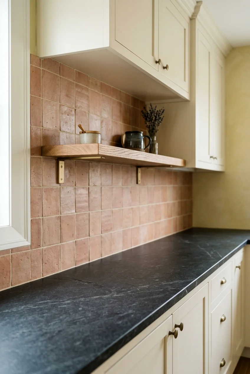 Muted terracotta square tiles with cream kitchen cabinets.
