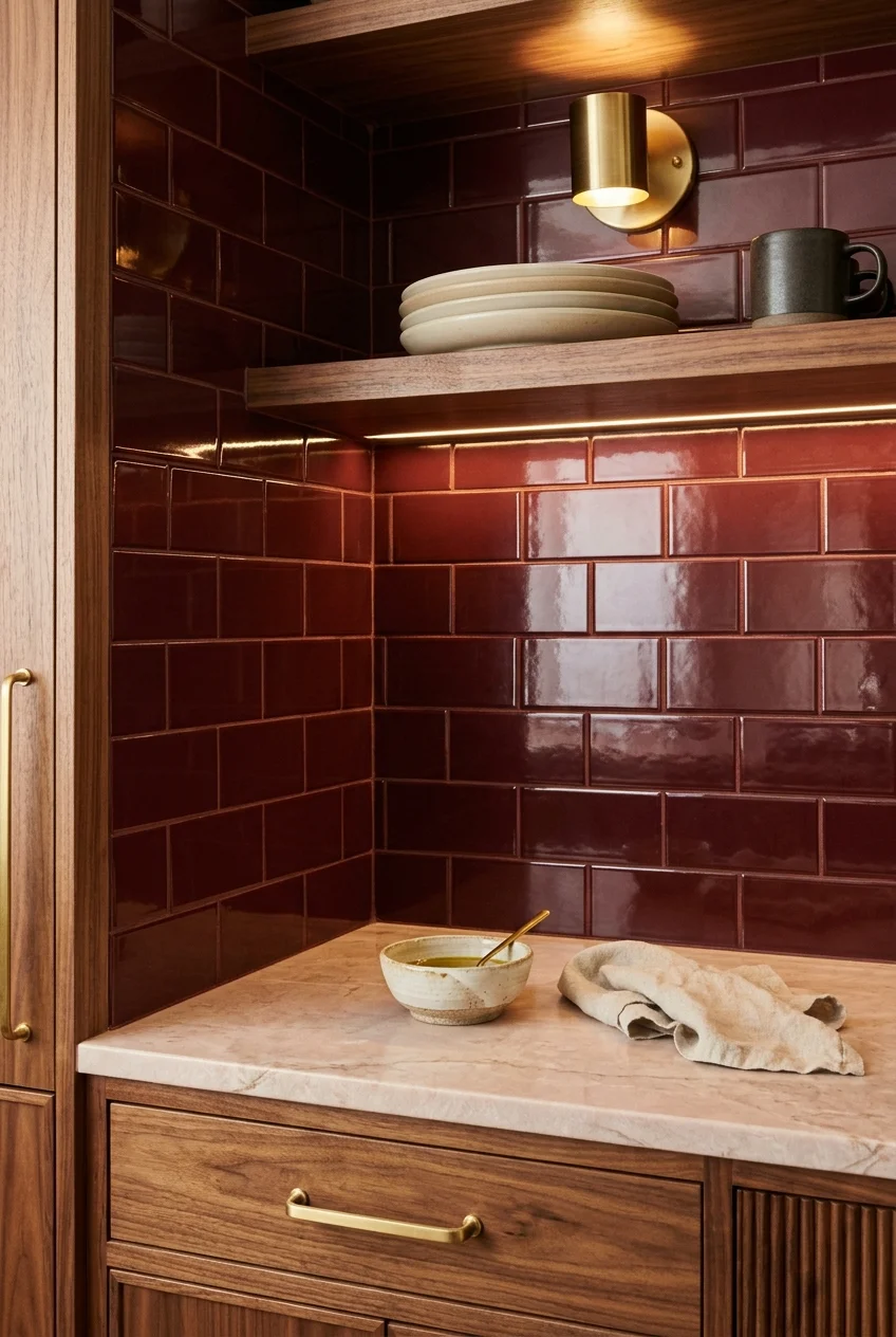 Glossy burgundy tiles in a walnut kitchen alcove.