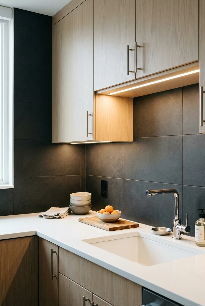 Matte charcoal tiles beneath pale ash kitchen cabinets.