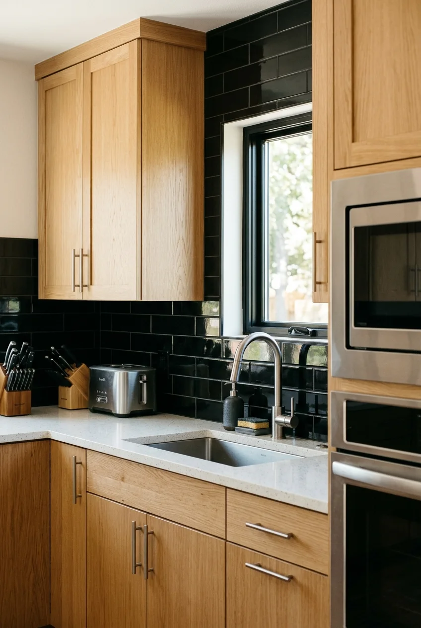 Glossy black rectangular tiles reflecting light in a kitchen.