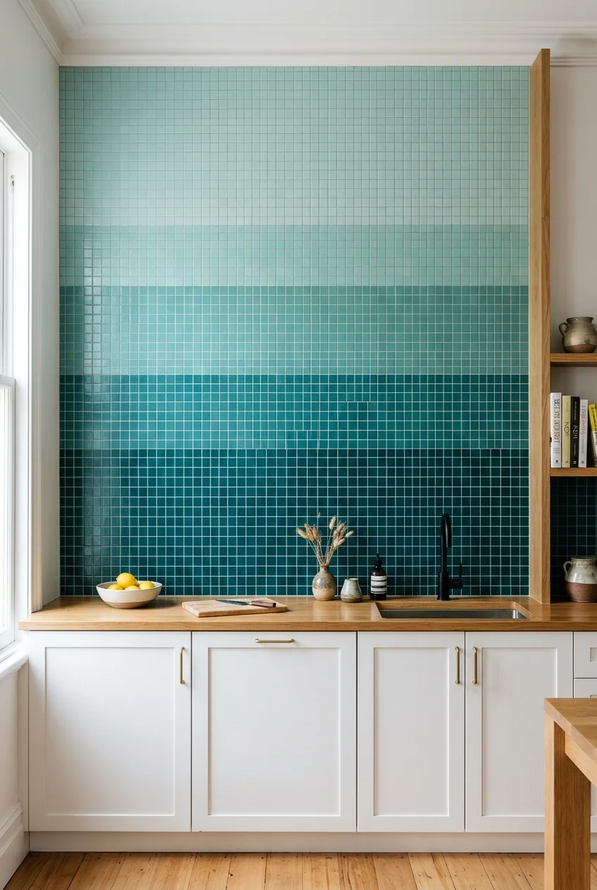 Teal-to-aqua ombré square tiles on an open kitchen wall.