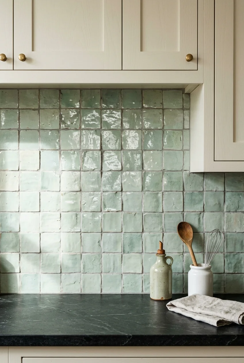 Pale celadon handmade-look tiles with subtle glaze variation.