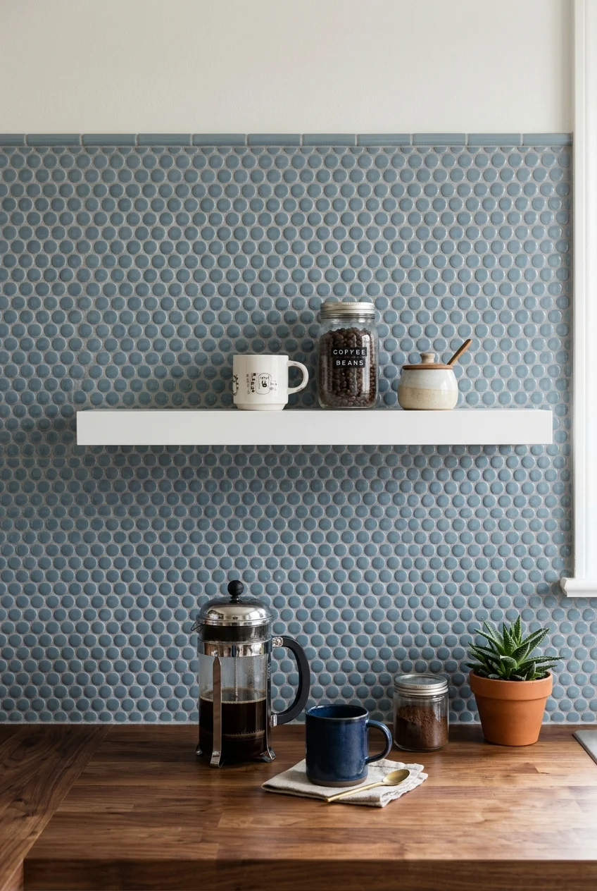 Dusty blue penny-round tiles in a kitchen coffee nook.